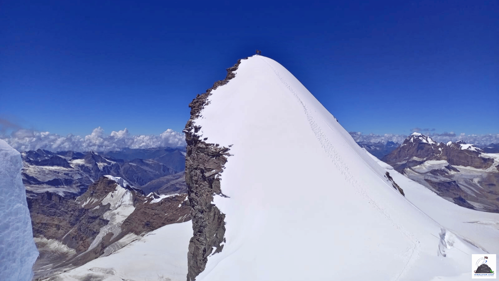 The snow summit pyramid of Mt. Nun above glaciated ranges in the Kargil region