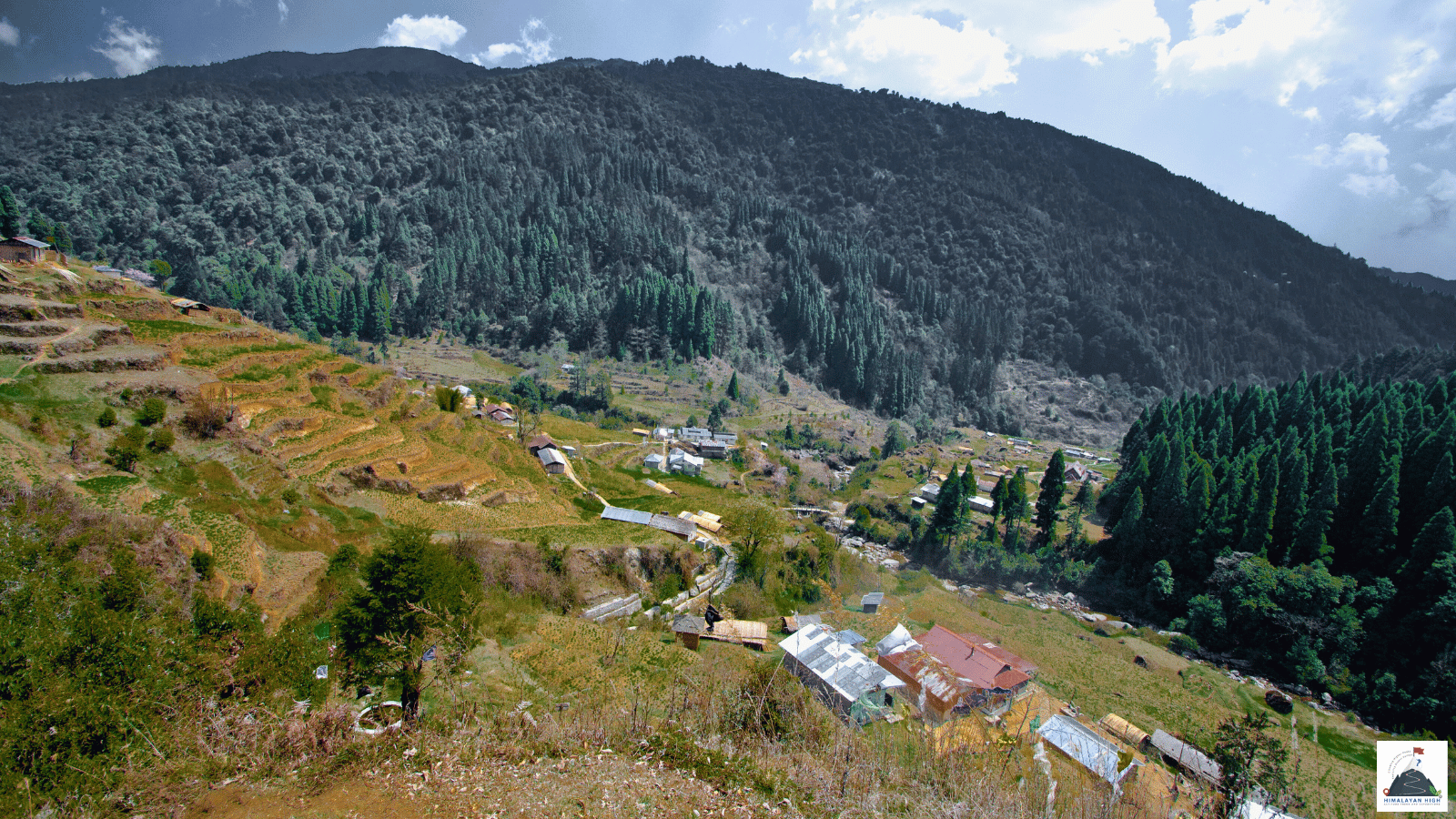 A village of tin-roofed houses and terraced fields in a forested valley on the Singalila trail